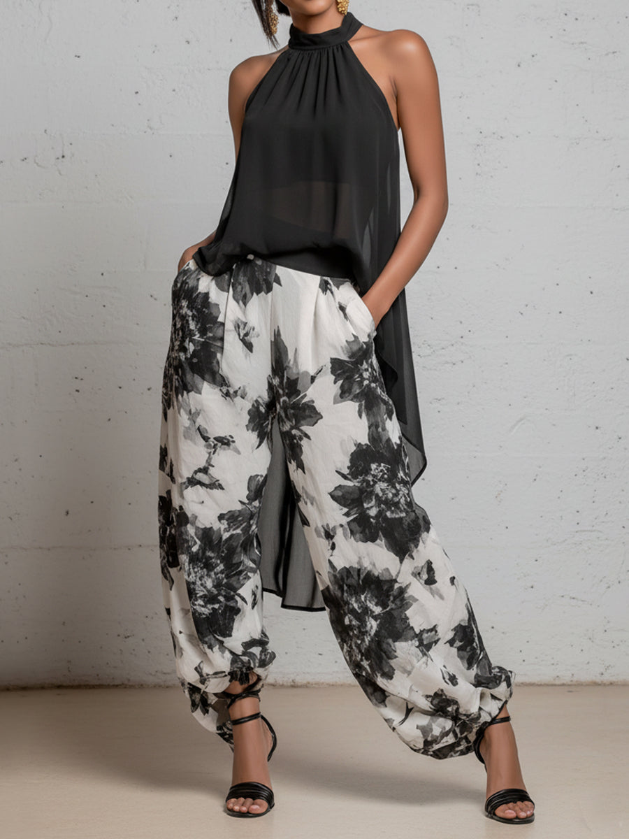 Conjunto Casual Retro de Chiffon con Top Halter y Pantalón Estampado