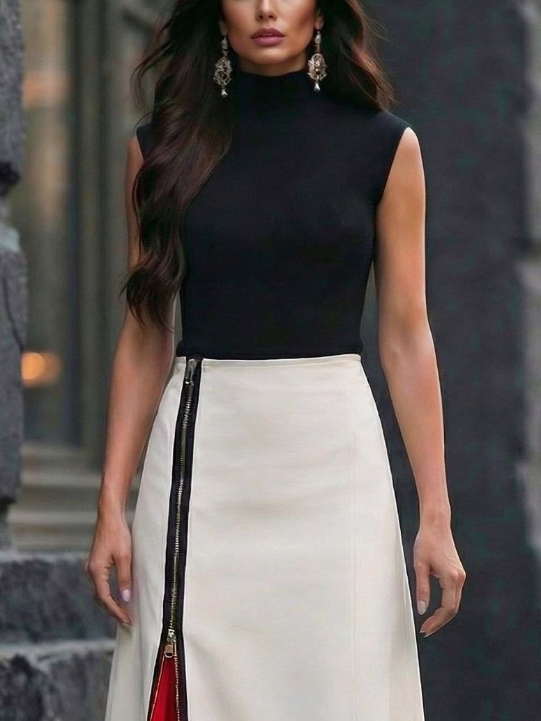 Conjunto de Top Cuello Semi-Alto y Falda Asimétrica con Cremallera