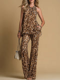 Conjunto Elegante de Chiffon Sin Mangas con Estampado de Leopardo y Pantalón Acampanado