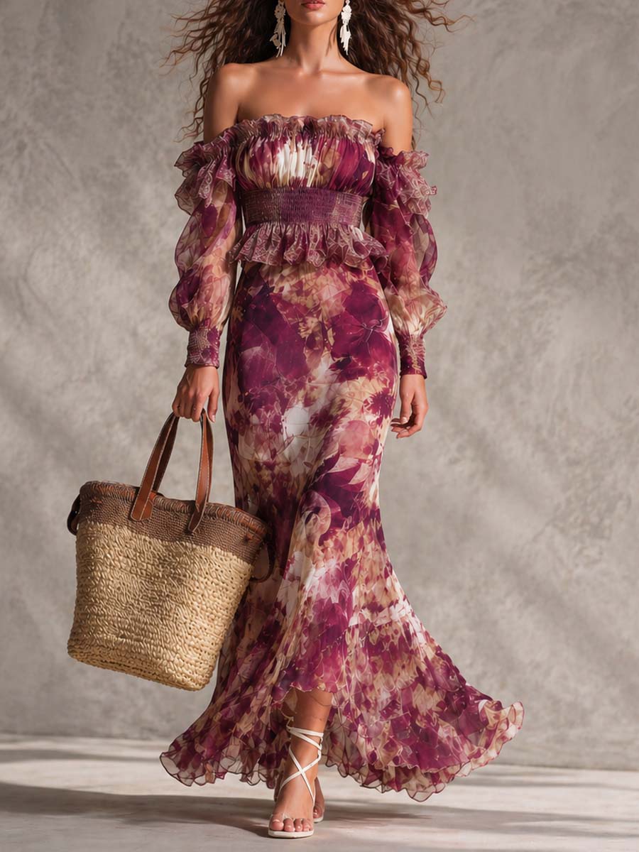 Maxi Vestido de Chiffon Rosa con Estampado Floral y Hombros Descubiertos
