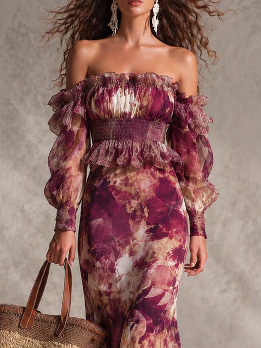 Maxi Vestido de Chiffon Rosa con Estampado Floral y Hombros Descubiertos