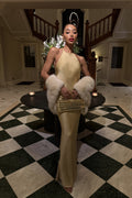 VESTIDO LONGO DOURADO COM APLICAÇÃO COSTAS