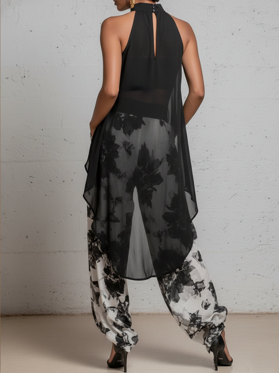 Conjunto Casual Retro de Chiffon con Top Halter y Pantalón Estampado