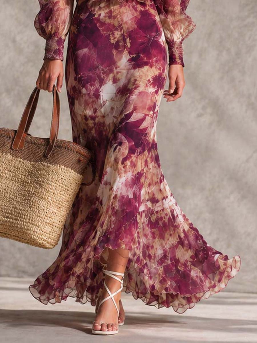 Maxi Vestido de Chiffon Rosa con Estampado Floral y Hombros Descubiertos