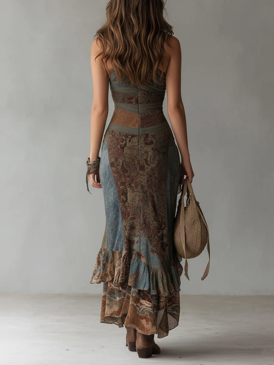 Maxi Vestido Monohombro con Estampado Étnico y Abertura Alta