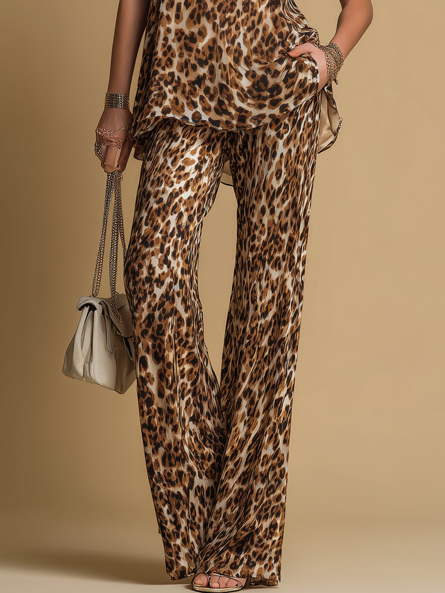 Conjunto Elegante de Chiffon Sin Mangas con Estampado de Leopardo y Pantalón Acampanado