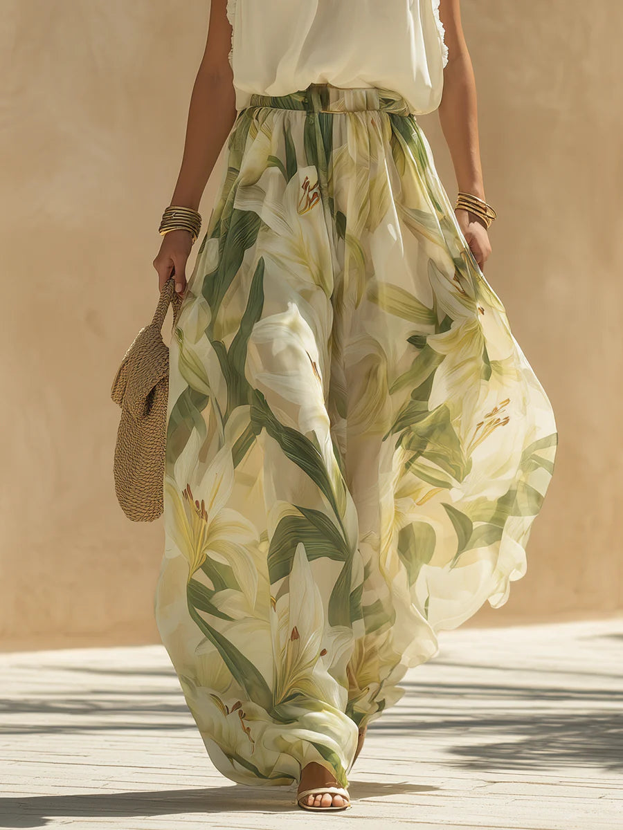 Conjunto de Chiffon Sin Mangas con Volantes y Pantalón con Estampado de Lirios