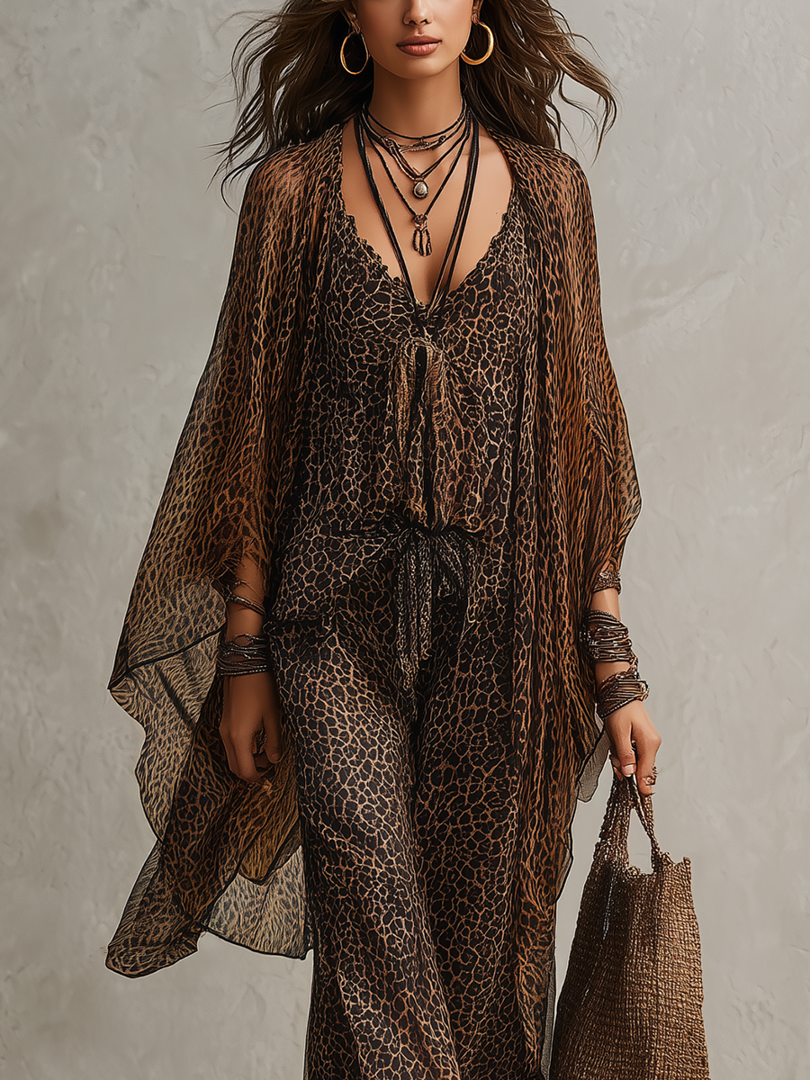Conjunto Boho de Tres Piezas con Estampado de Leopardo Degradado y Bata Fluida