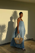 VESTIDO LONGO AZUL ACETINADO COSTAS ABERTAS