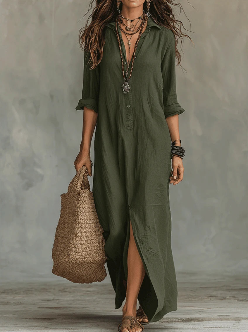 Vestido Maxi Camisero Negro Holgado con Botonadura Frontal