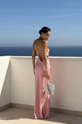 VESTIDO LONGO ROSA COM APLICAÇÃO COSTAS