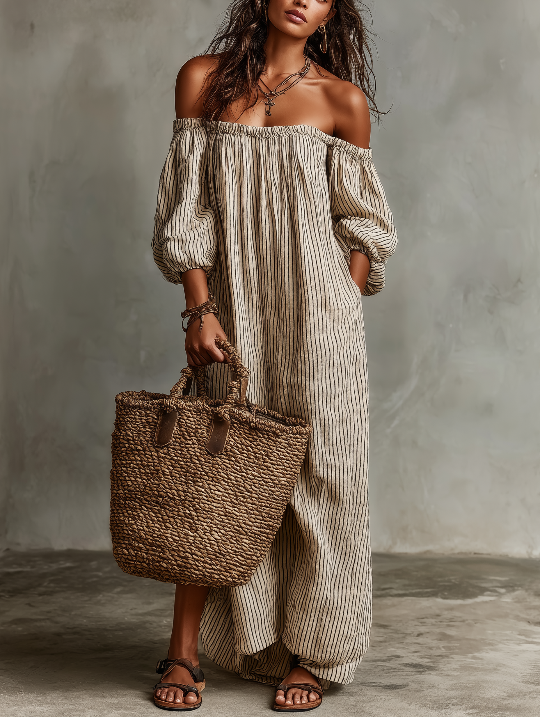 Maxi Vestido de Vacaciones con Hombros Descubiertos y Mangas Largas