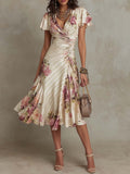 Vestido Midi Satinado Floral Vintage Elegante