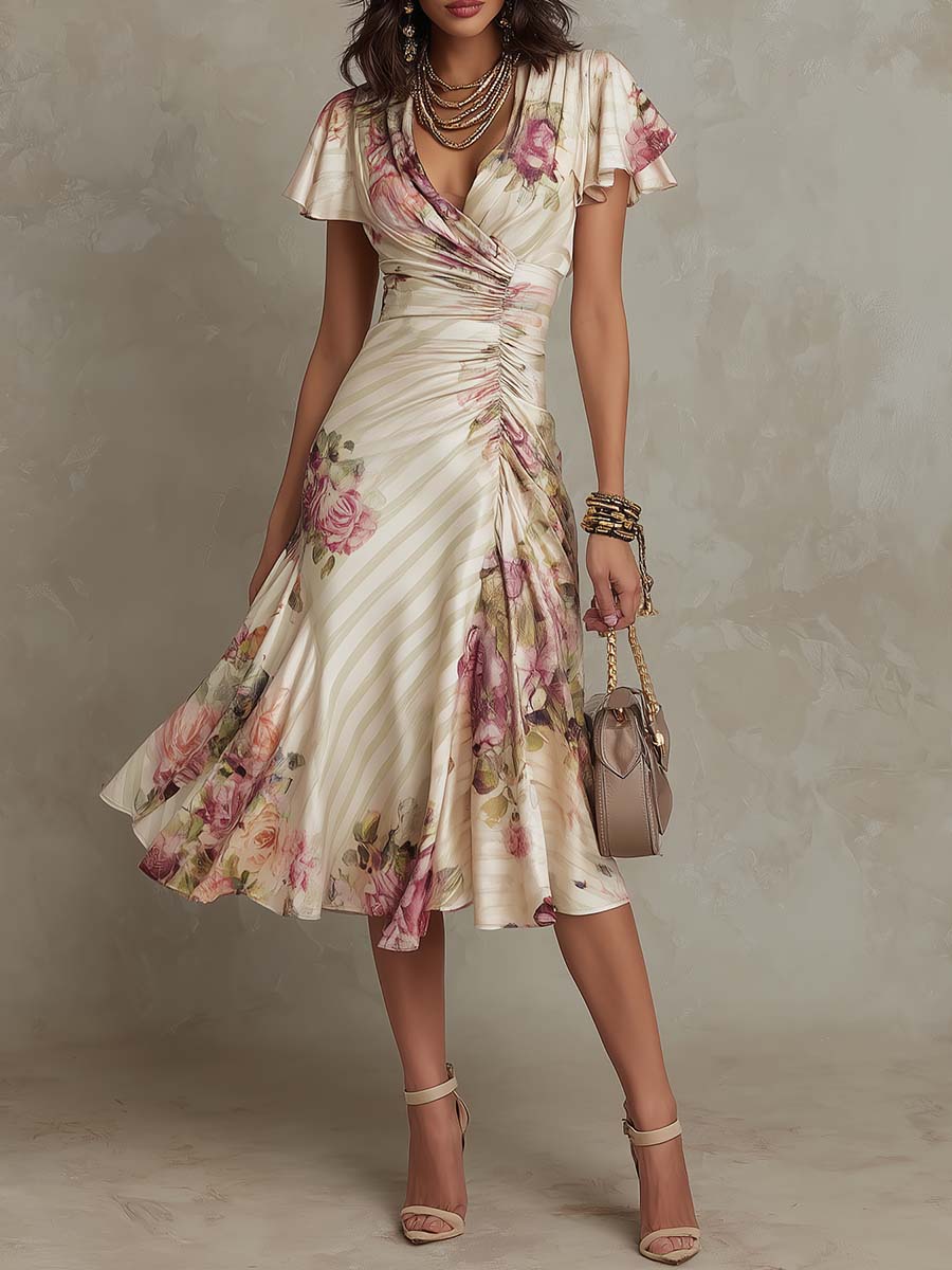 Vestido Midi Satinado Floral Vintage Elegante