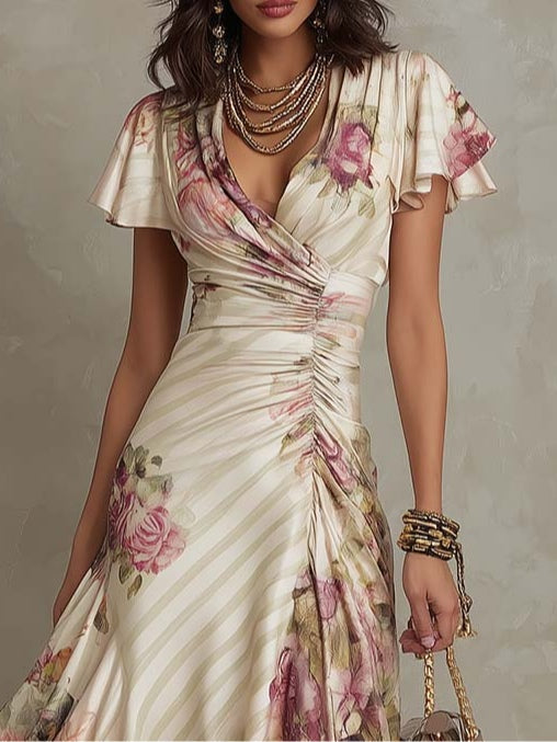 Vestido Midi Satinado Floral Vintage Elegante