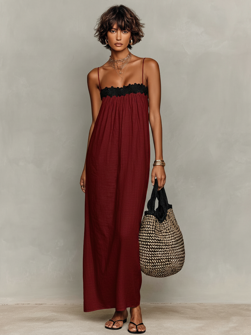 Maxi Vestido Minimalista con Panel de Encaje y Tirantes