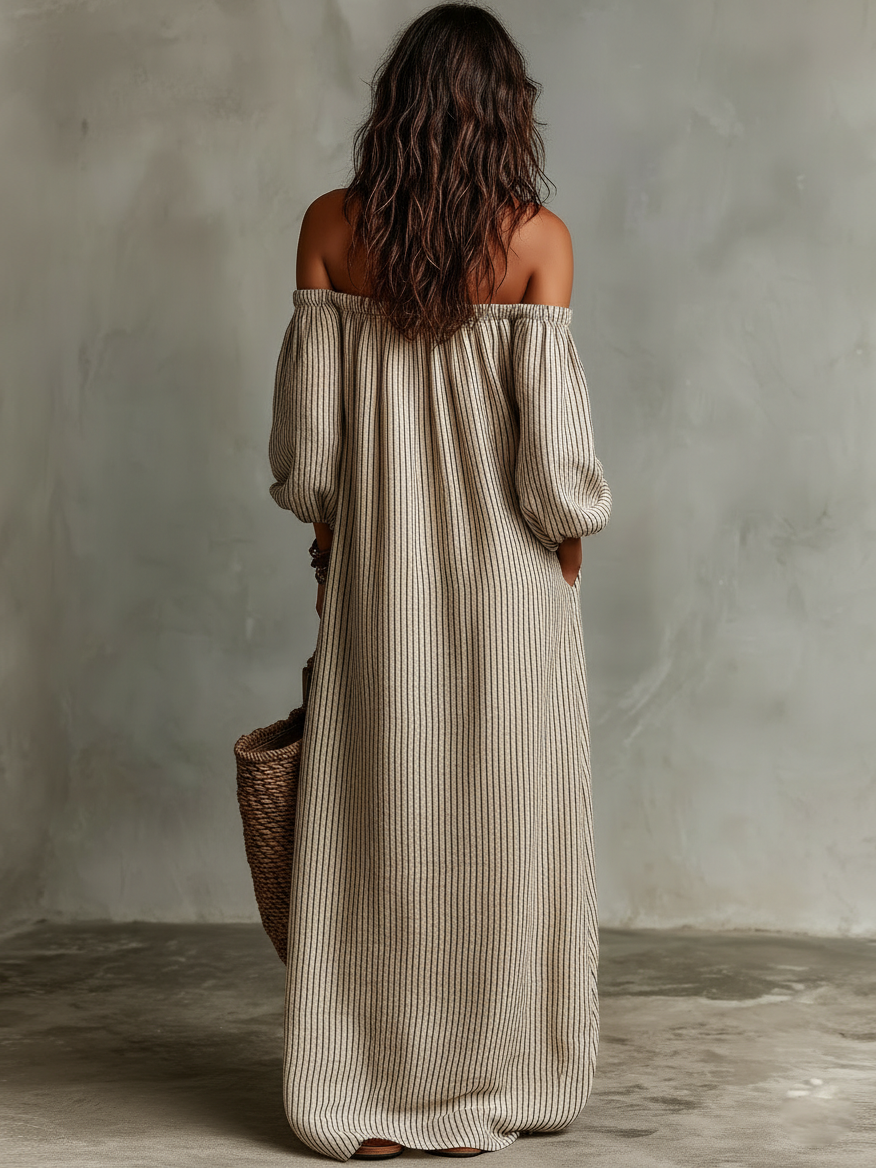 Maxi Vestido de Vacaciones con Hombros Descubiertos y Mangas Largas