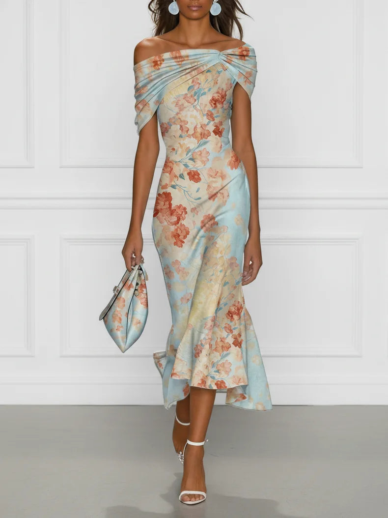 Vittoria - Vestido midi tipo sirena sin mangas con hombros descubiertos y estampado floral azul