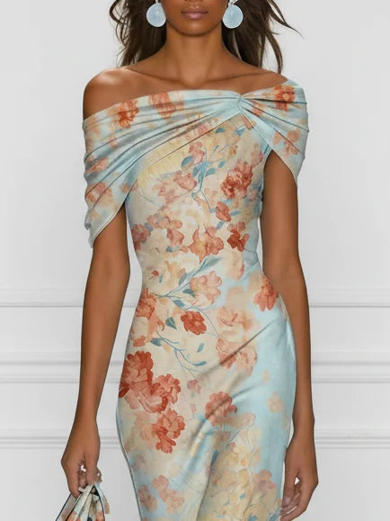 Vittoria - Vestido midi tipo sirena sin mangas con hombros descubiertos y estampado floral azul