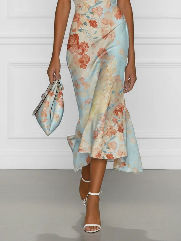 Vestido Midi Azul Floral Sirena Off-Shoulder sin Mangas