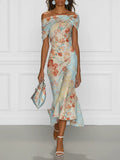 Vestido Midi Azul Floral Sirena Off-Shoulder sin Mangas