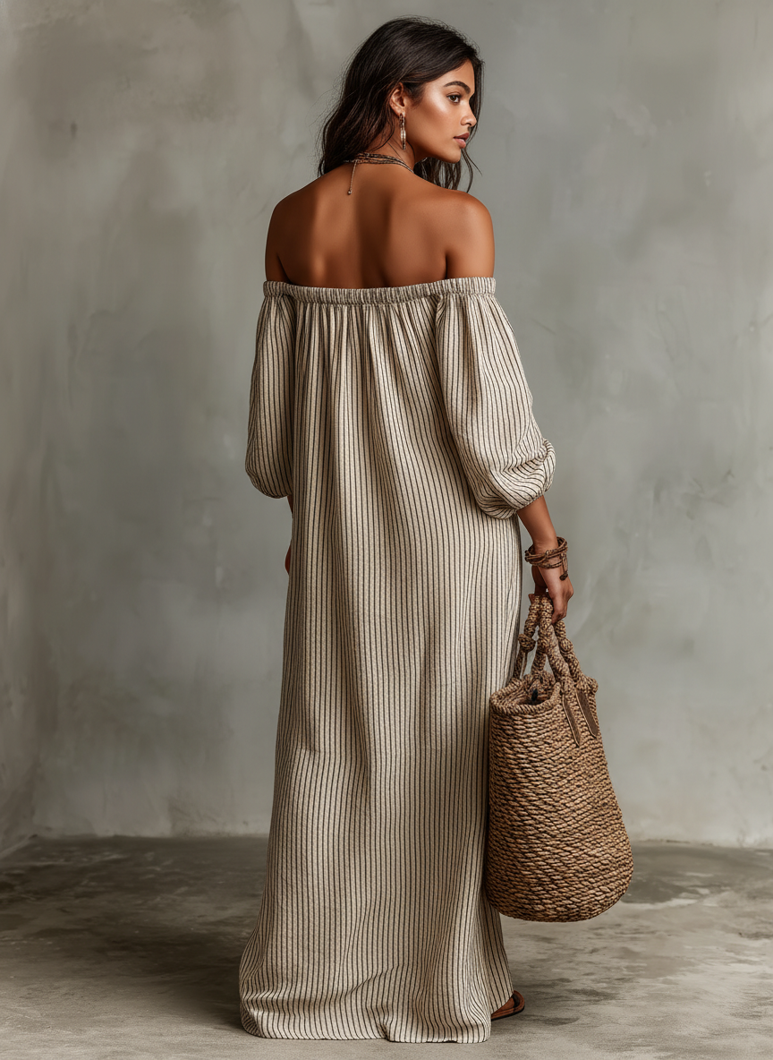 Maxi Vestido de Vacaciones con Hombros Descubiertos y Mangas Largas