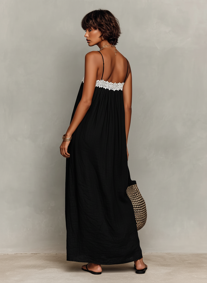 Maxi Vestido Minimalista con Panel de Encaje y Tirantes