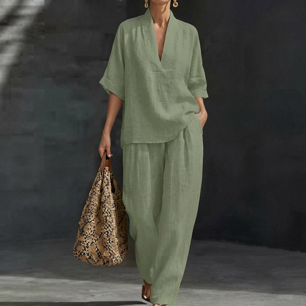 Dolores | Conjunto Relajado de Top Henley y Pantalón Ancho