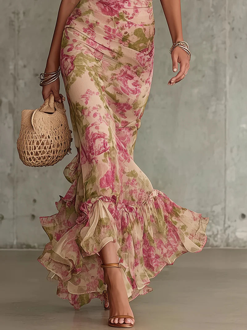 Fiora | Vestido largo romántico con mangas abullonadas y estampado de rosas estilo vintage