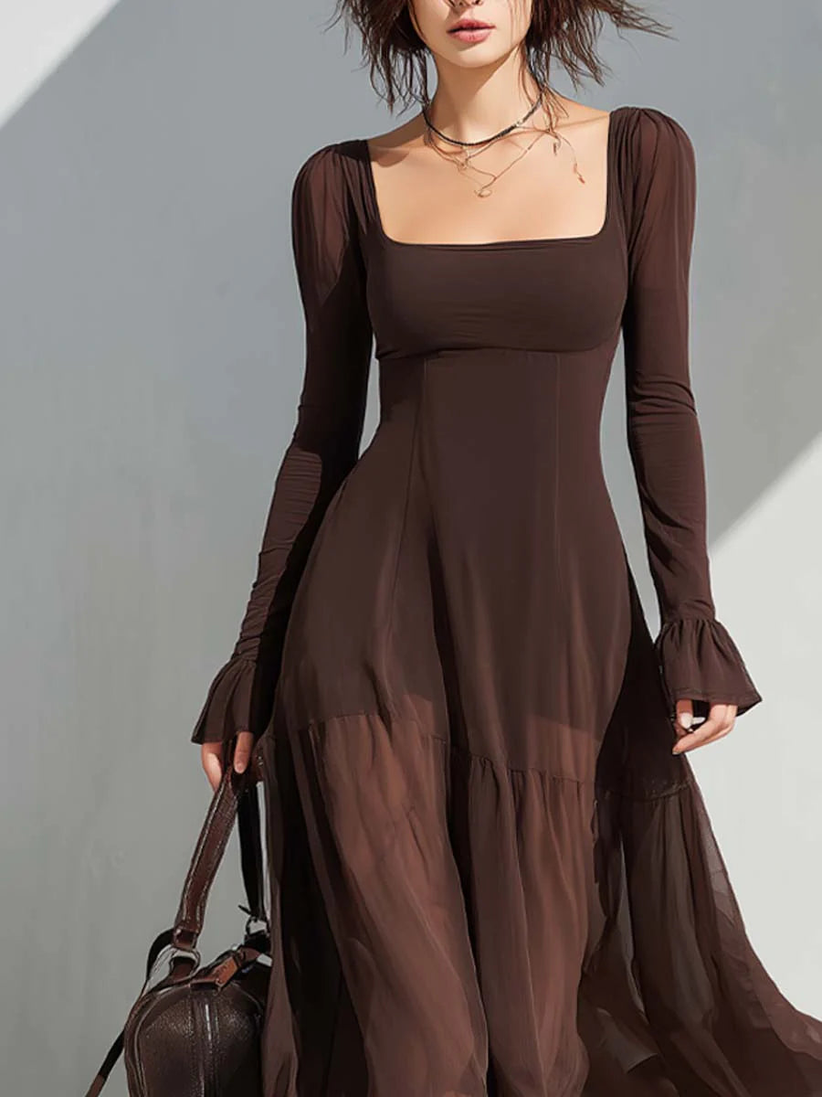 Vestido Midi Vintage de Cuello Cuadrado, Mangas Transparentes y Falda Acampanada