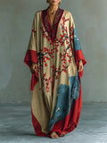Vestido Maxi con Estampado de Flor de Ciruelo Rojo y Mangas Murciélago