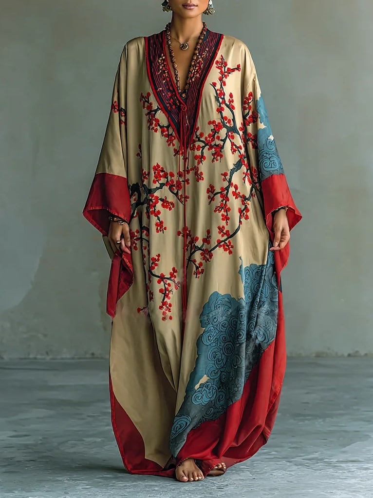 Red Plum Blossom Print Batwing Sleeve Maxi Dress