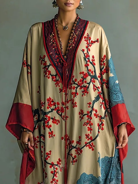 Red Plum Blossom Print Batwing Sleeve Maxi Dress