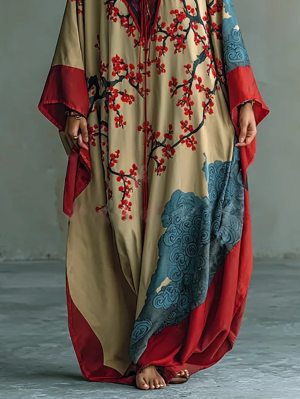 Red Plum Blossom Print Batwing Sleeve Maxi Dress