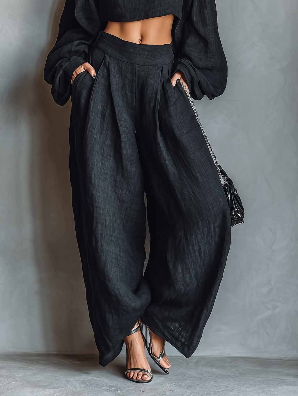 Conjunto de Top Negro Hombros Descubiertos de Manga Larga y Pantalón Ancho