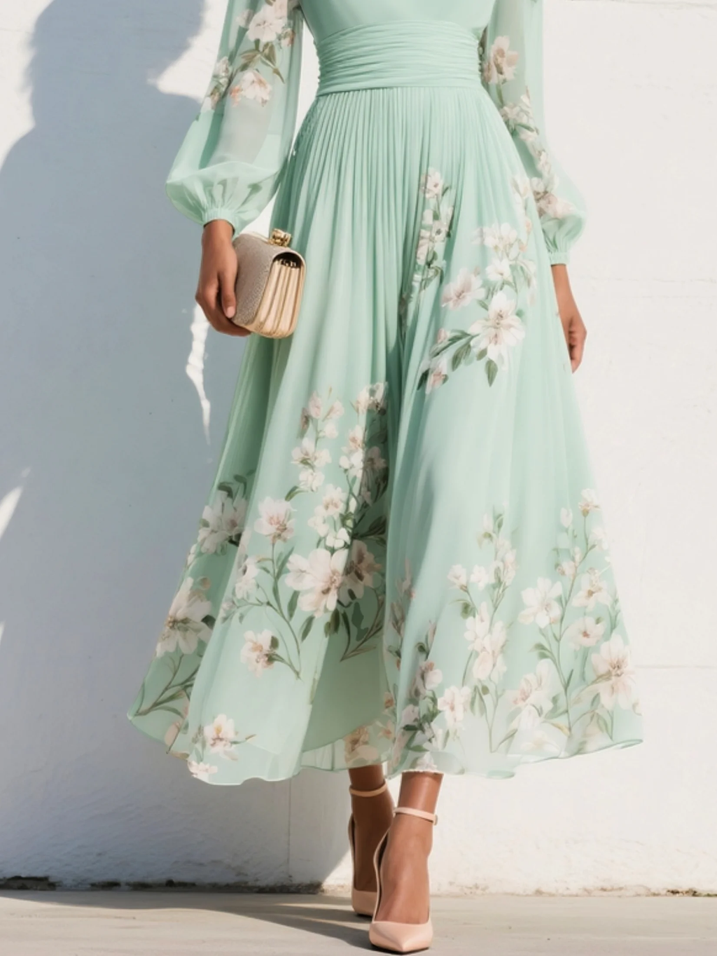 Vestido Maxi de Chiffon Verde Claro Plisado Floral con Cuello en V
