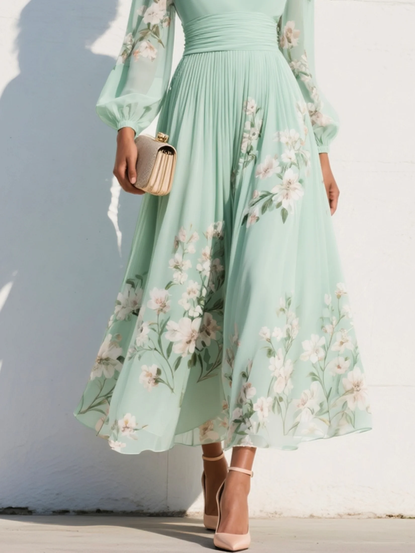 Vestido Maxi Plisado de Gasa Verde Menta con Estampado Floral para Mujer