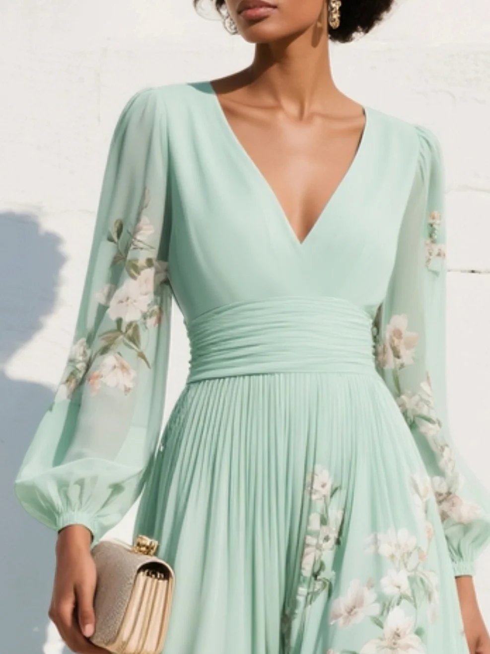 Vestido Maxi Plisado de Gasa Verde Menta con Estampado Floral para Mujer