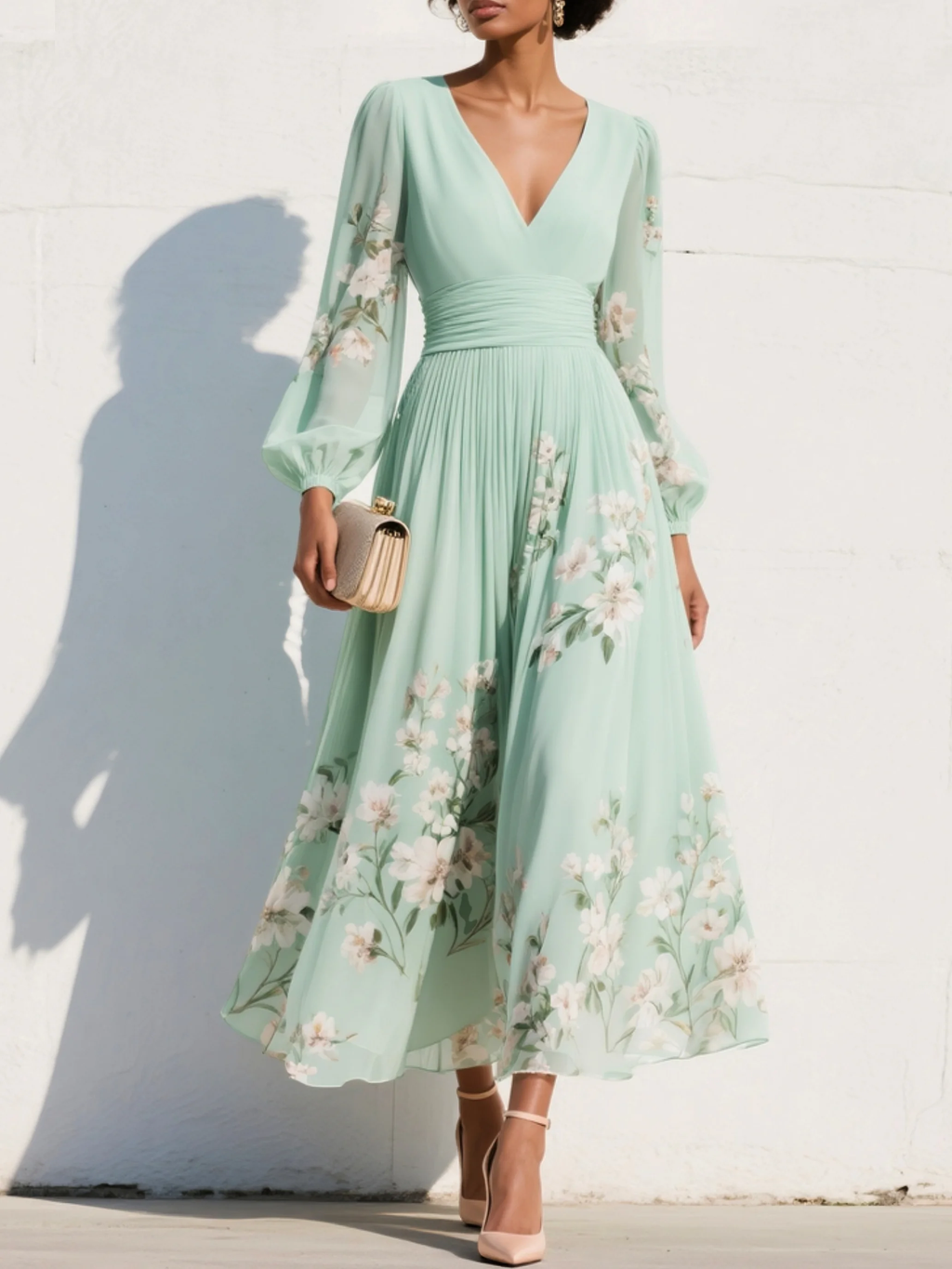 Vestido Maxi de Chiffon Verde Claro Plisado Floral con Cuello en V