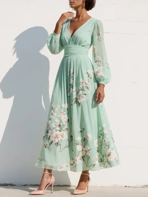 Vestido Maxi Plisado de Gasa Verde Menta con Estampado Floral para Mujer