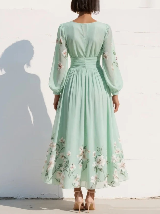 Vestido Maxi Plisado de Gasa Verde Menta con Estampado Floral para Mujer