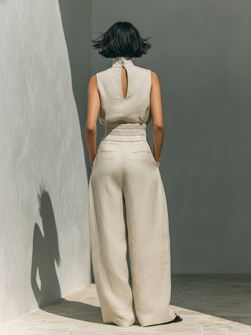 Aurora | Conjunto Coordinado Beige Holgado sin Mangas con Pierna Ancha