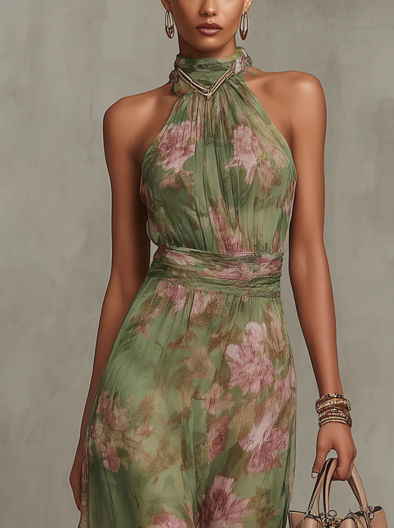 Vestido Maxi de Chiffon Verde Floral con Cuello Halter