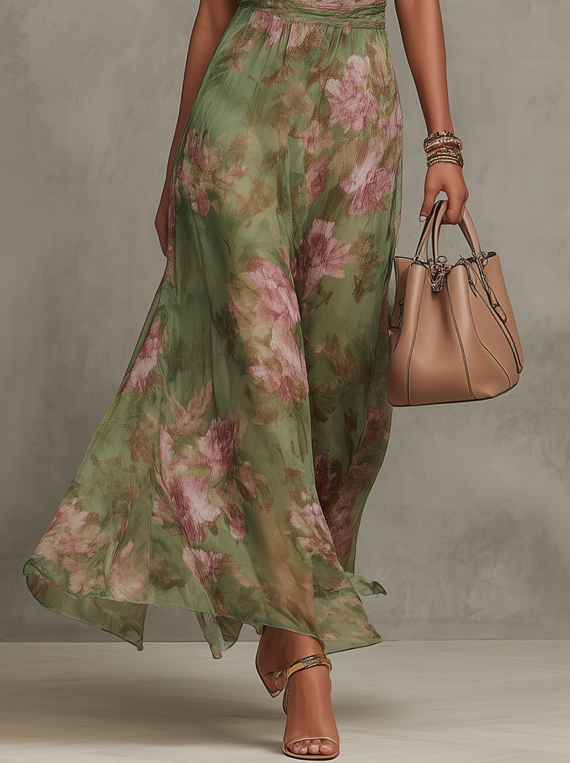 Vestido Maxi de Chiffon Verde Floral con Cuello Halter