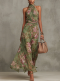 Vestido Maxi de Chiffon Verde Floral con Cuello Halter