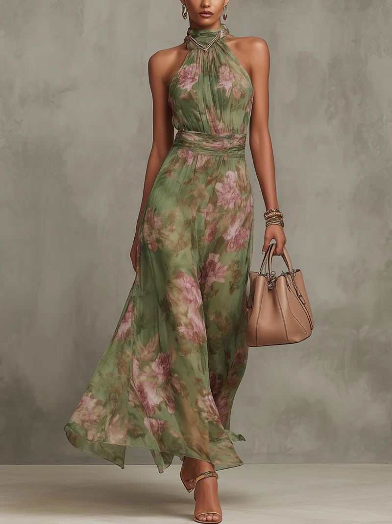 Vestido Maxi de Chiffon Verde Floral con Cuello Halter