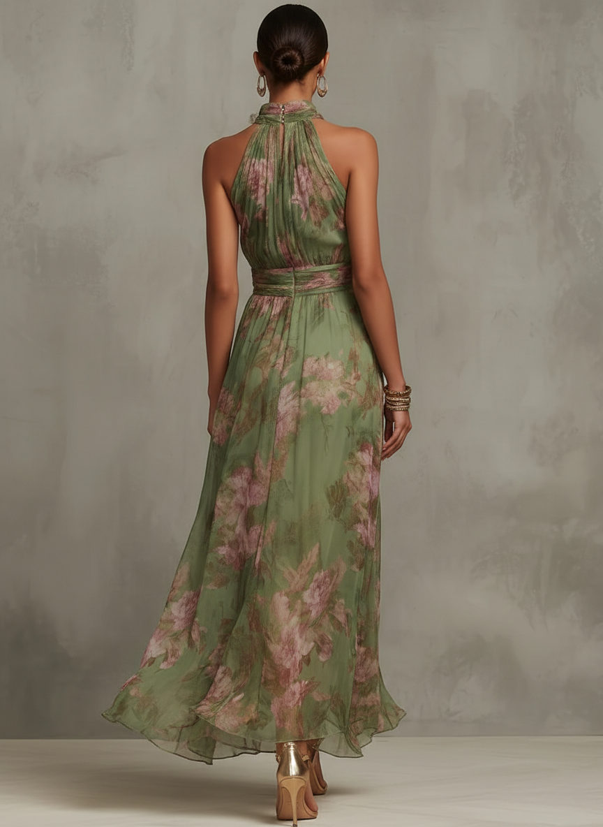 Vestido Maxi de Chiffon Verde Floral con Cuello Halter