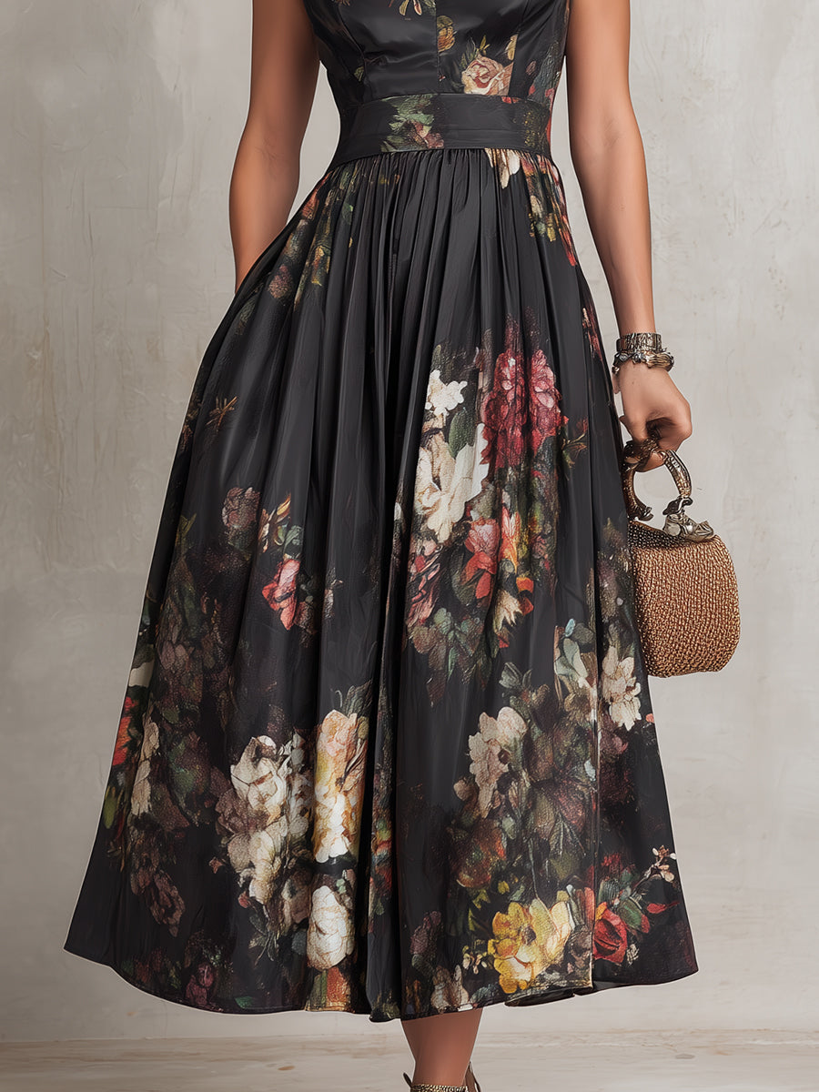 Violetta - Vestido Midi Negro de Satén Plisado con Estampado Floral y Escote Keyhole