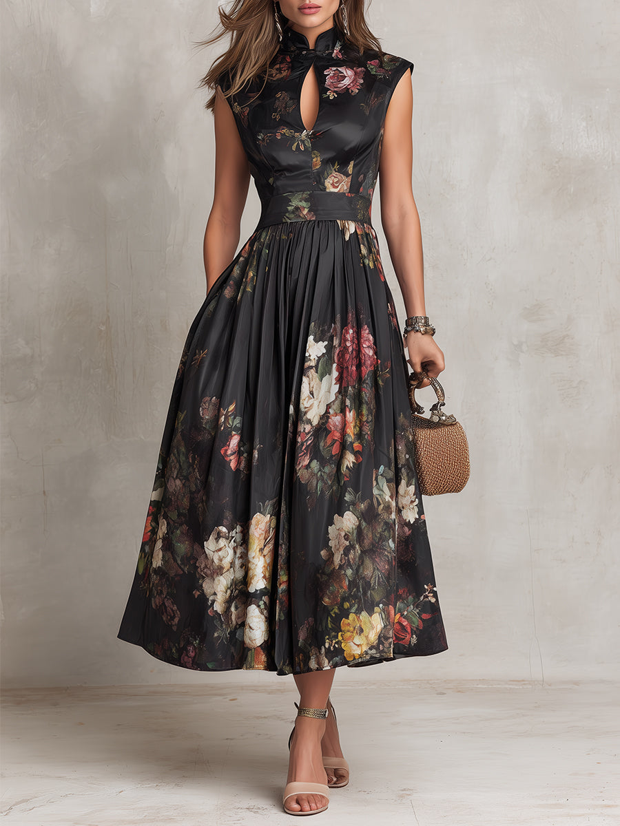 Violetta - Vestido Midi Negro de Satén Plisado con Estampado Floral y Escote Keyhole