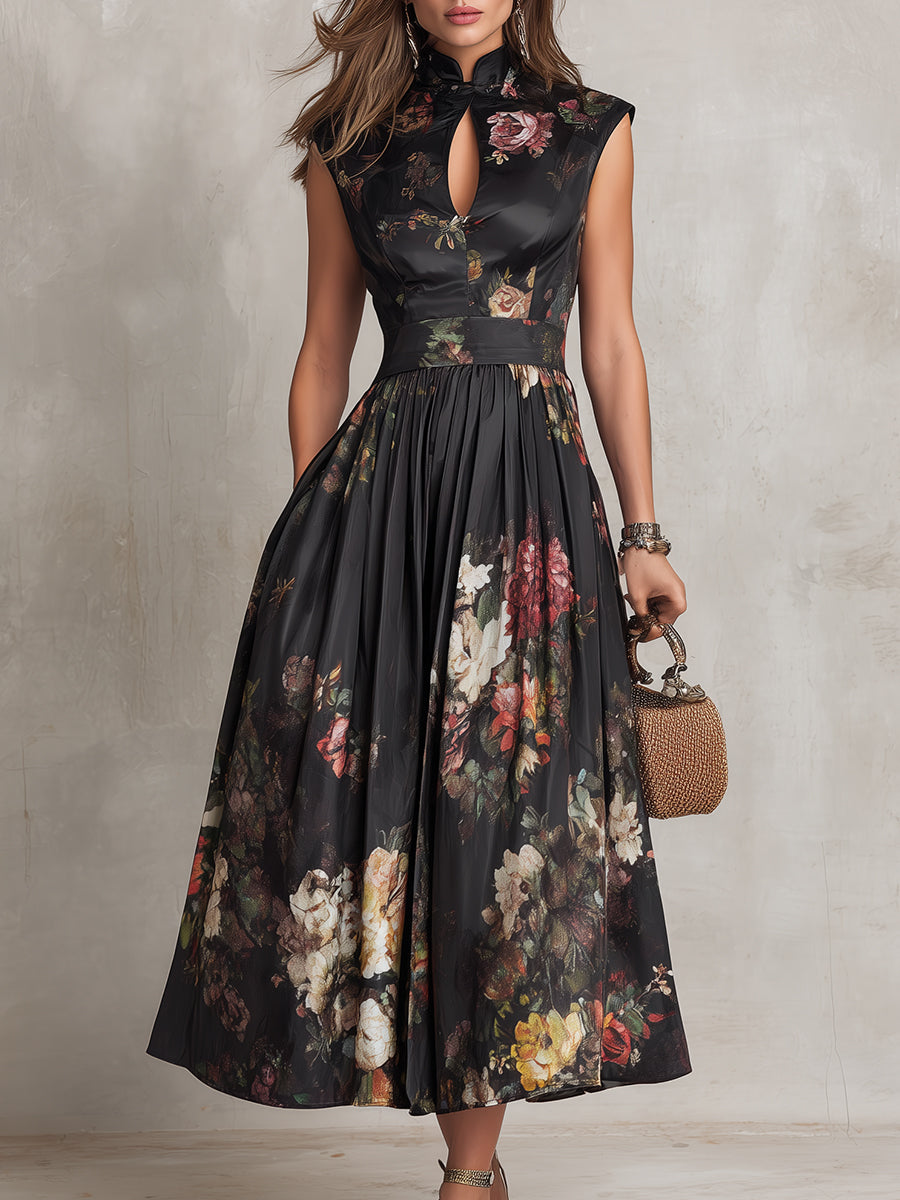 Violetta - Vestido Midi Negro de Satén Plisado con Estampado Floral y Escote Keyhole